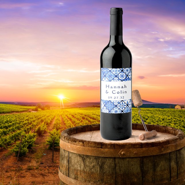 Den moderna Medelhavsblå plattan Bröllop Vinflaska Etikett (Skapare uppladdad)