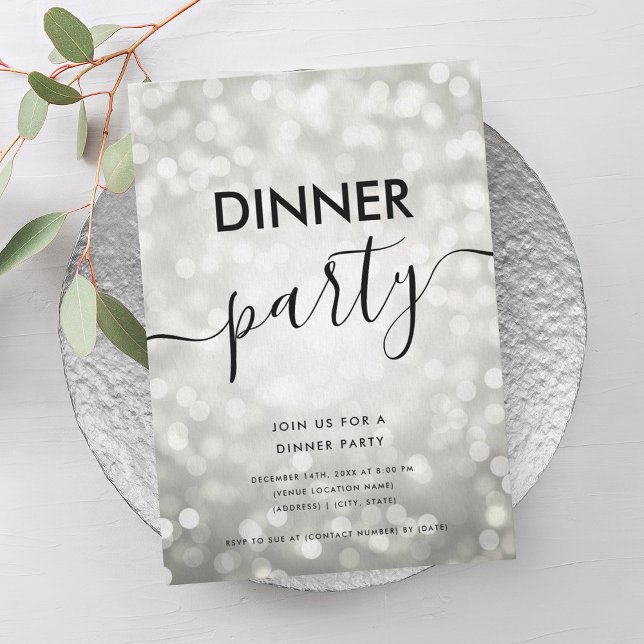 Den moderna middagen Silver Glitter Ljus Party Inbjudningar (Modern Silver Glitter Lights Dinner Party Invitation)