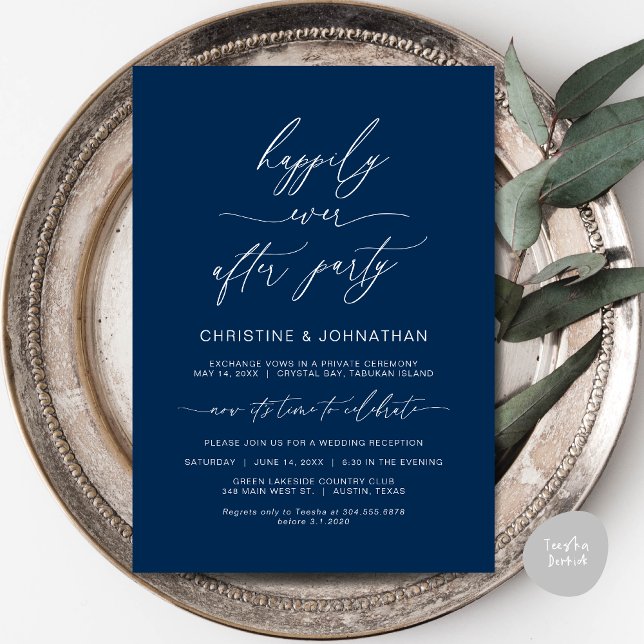 Den moderna minimalistiska Bröllop Elopement Party Inbjudningar (Wedding Happily Ever After Party Dinner Brunch Elopement Invitation Card, PDF, Navy Blue)