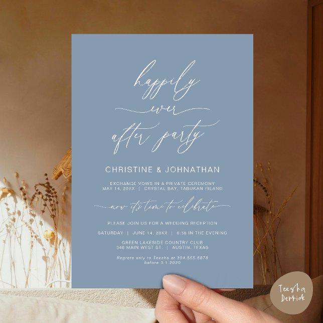 Den moderna minimalistiska Bröllop Elopement Party Inbjudningar (Wedding Happily Ever After Party Dinner Brunch Elopement Invitation Card, PDF, Dusty Blue)