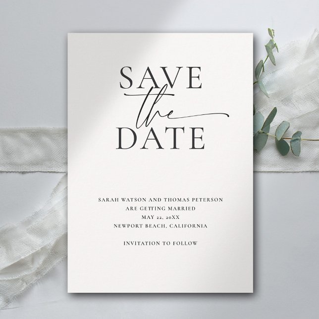 Den moderna minimalistiska Eleganten Calligraphy C Spara Datumet (modern minimalist simple wedding save the date typography calligraphy black white template)