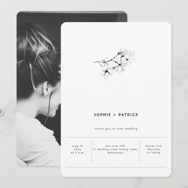 Den moderna minimalistiska Eleganten Magnolias Pho Inbjudningar (Fram/baksida)