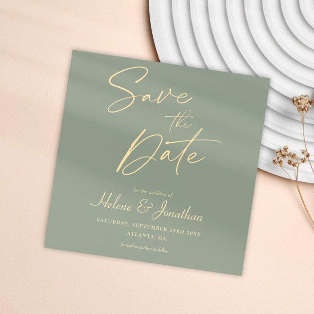Den moderna minimalistiska Eleganten Sage Grönt Br Spara Datumet (Modern Minimalist Elegant Sage Green Wedding Save The Date)