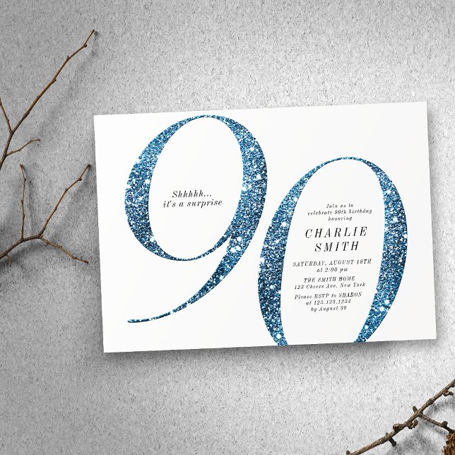 Den moderna minimalistiska faux blue glitter 90:e  inbjudningar (Modern minimalist faux blue glitter 90th birthday invitation)