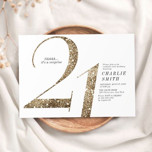 Den moderna minimalistiska faux guld glitter 21:a  inbjudningar (Modern minimalist faux gold glitter 21st birthday invitation)