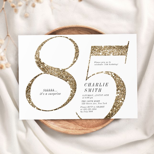 Den moderna minimalistiska faux guld glitter 85-år inbjudningar (Modern minimalist faux gold glitter 85th birthday invitation)