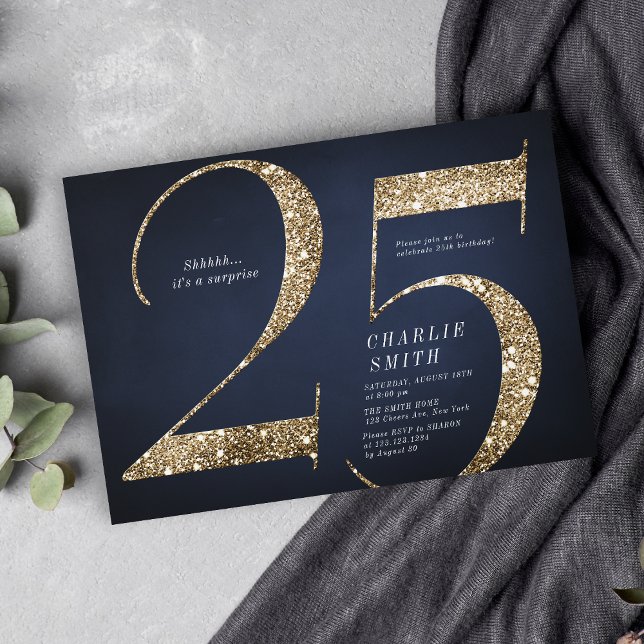 Den moderna minimalistiska flottan guld glitter fy inbjudningar (Modern minimalist navy gold glitter 25th birthday invitation)