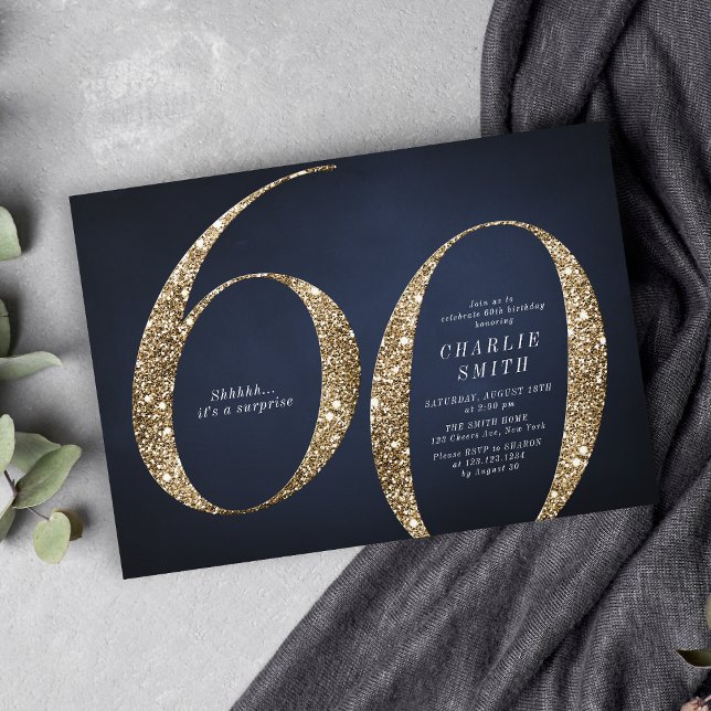 Den moderna minimalistiska flottan guld glitter fy inbjudningar (Modern minimalist navy gold glitter 60th birthday invitation)