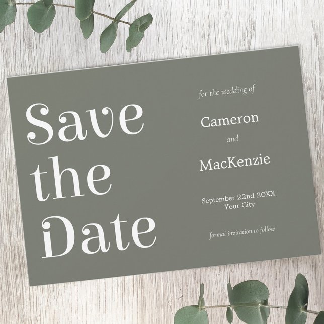 Den moderna minimalistiska Grönten Bröllop spara d Spara Datumet (Sage green minimalist modern typography Save the Date wedding invitation)