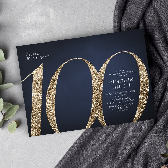 Den moderna minimalistiska marinen guld glitter 10 inbjudningar (Modern minimalist navy gold glitter 100th birthday invitation)