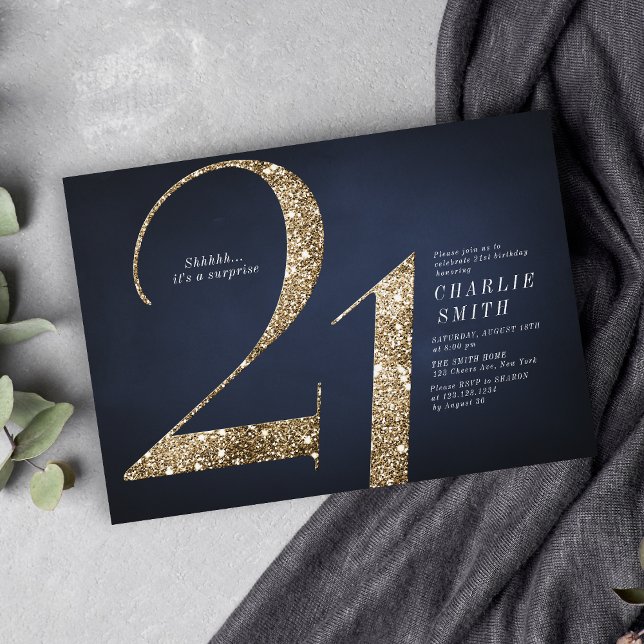 Den moderna minimalistiska marinen guld glitter 21 inbjudningar (Modern minimalist navy gold glitter 21st birthday invitation)