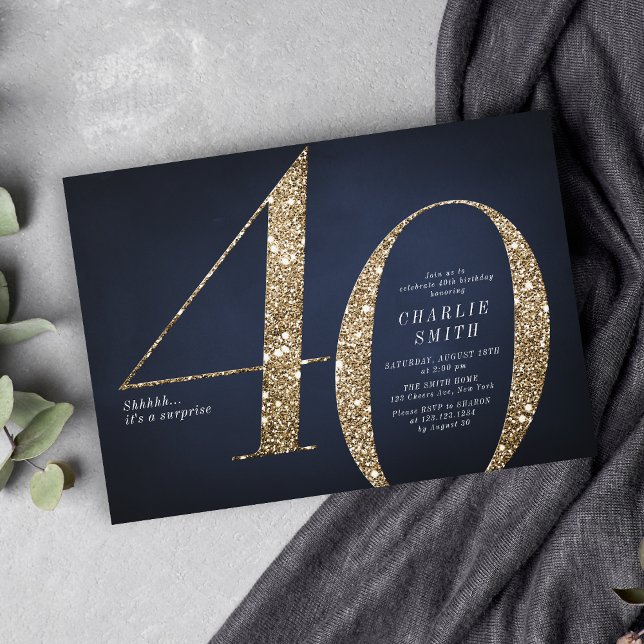 Den moderna minimalistiska marinen guld glitter fy inbjudningar (Modern minimalist navy gold glitter 40th birthday invitation)