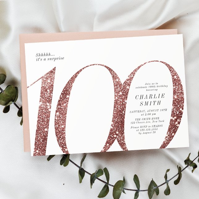 Den moderna minimalistiska ro guld glitter 100-års inbjudningar (Modern minimalist rose gold glitter 100th birthday invitation)