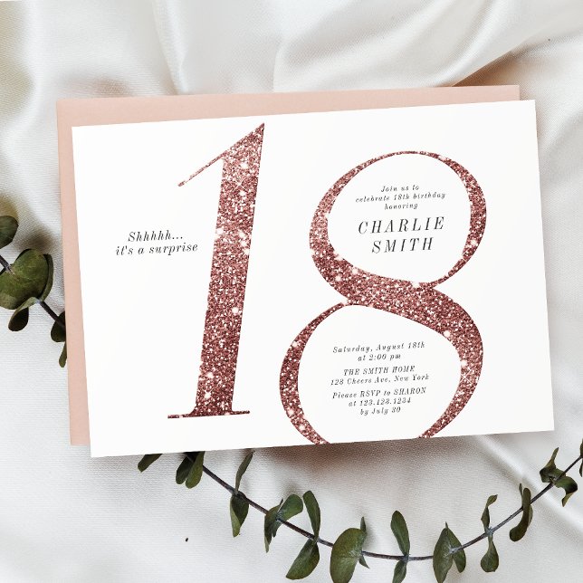 Den moderna minimalistiska ro guld glitter 18-årsd inbjudningar (Modern minimalist rose gold glitter 18th birthday invitation)