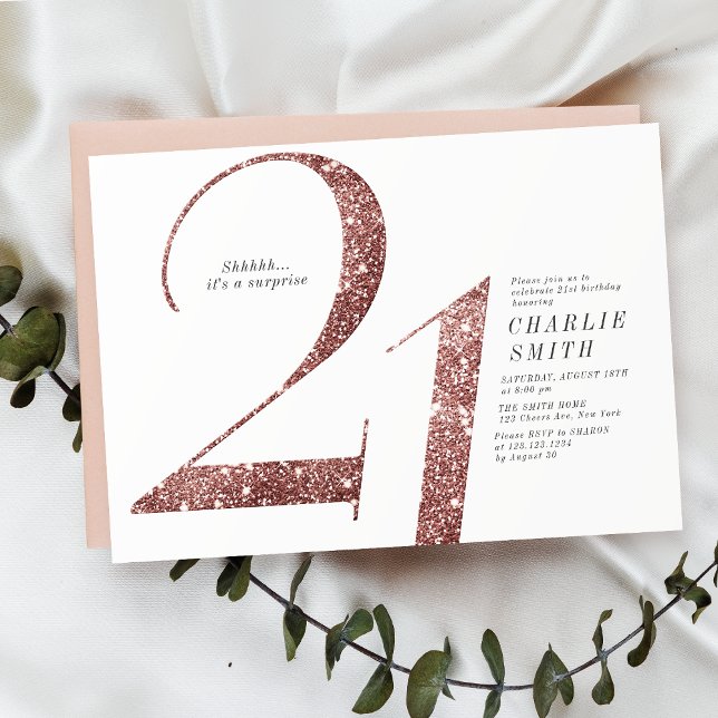 Den moderna minimalistiska ro guld glitter 21:a år inbjudningar (Modern minimalist rose gold glitter 21st birthday invitation)