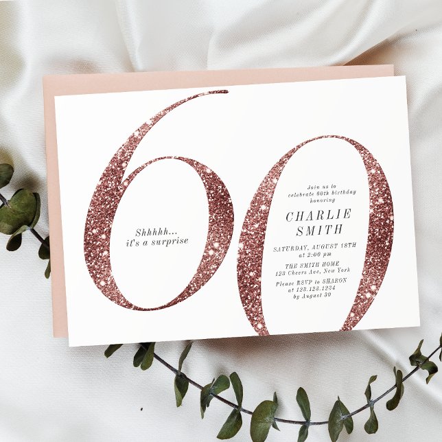 Den moderna minimalistiska ro guld glitter 60-årsd inbjudningar (Modern minimalist rose gold glitter 60th birthday invitation)