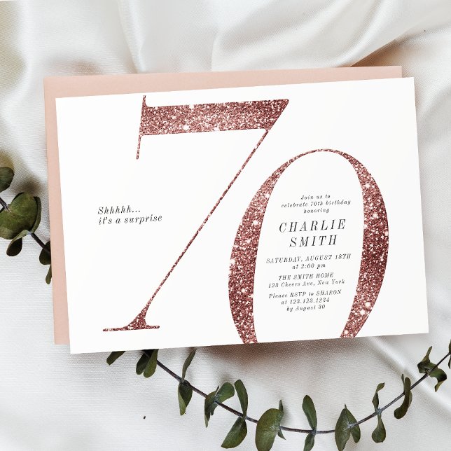 Den moderna minimalistiska ro guld glitter 70-årsd inbjudningar (Modern minimalist rose gold glitter 70th birthday invitation)