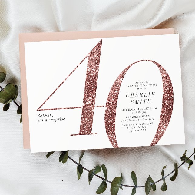 Den moderna minimalistiska ro-guld-glitter-fyraårs inbjudningar (Modern minimalist rose gold glitter 40th birthday invitation)