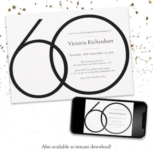 Den moderna minimalistiska svarta vita 60:e Födels Inbjudningar (60th Birthday Classy Modern Minimalist Black White Invitation)