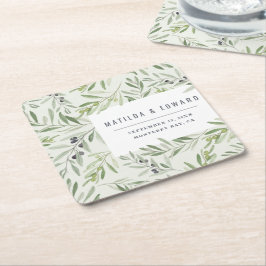 Den moderna minsta olivoljepalten bröllop napkin i underlägg papper kvadrat