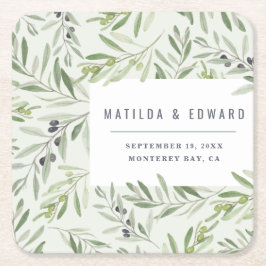 Den moderna minsta olivoljepalten bröllop napkin i underlägg papper kvadrat