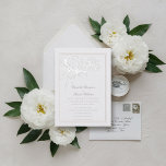 Den moderna, moderna, klassiska Eleganten Elfenben Inbjudningar<br><div class="desc">En påstående-peony med två mindre, handdragna i bläck och med ett faux-embossed skikt dekorerar denna elegant och en sofistikerad formell inbjudan till bröllop som innehåller kalligrafi av elegant med delikat blomning för namn och ram i dubbla med samma präglade effekt. Den monokromatiska utformningen, med en elfenbensnypa, är perfekt förenad med...</div>