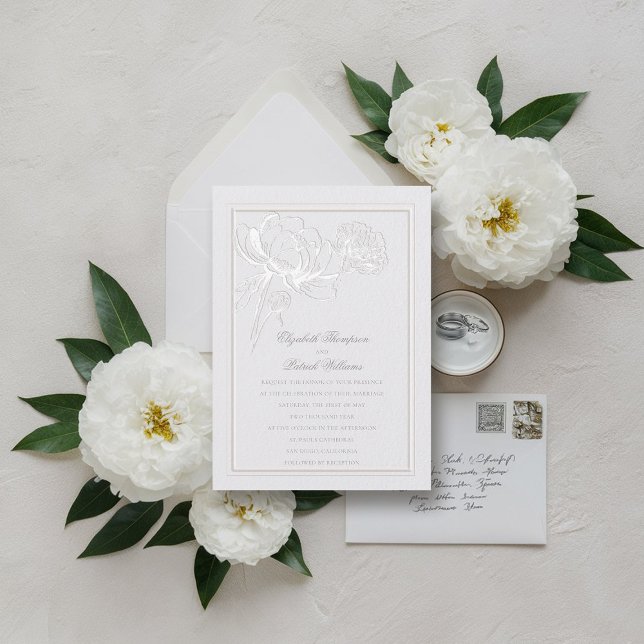 Den moderna, moderna, klassiska Eleganten Elfenben Inbjudningar (faux embossed peony wedding invitation formal traditional ivory frame calligraphy modern classic)