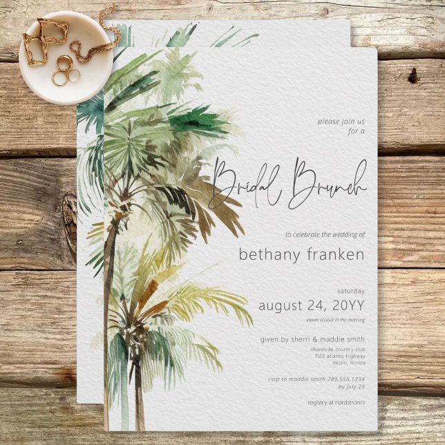 Den moderna Möhippan Brunch för den tropiska Handf Inbjudningar (Tropical Palm Trees Modern Bridal Brunch Invitation)