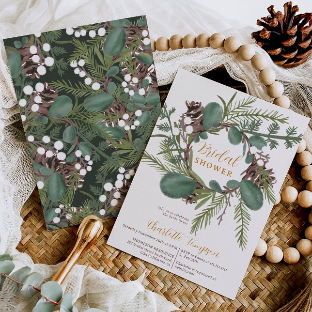 Den moderna möhippan för vinter-utandning med fetm inbjudningar (Modern Bold green wreath winter bridal shower Invitation)