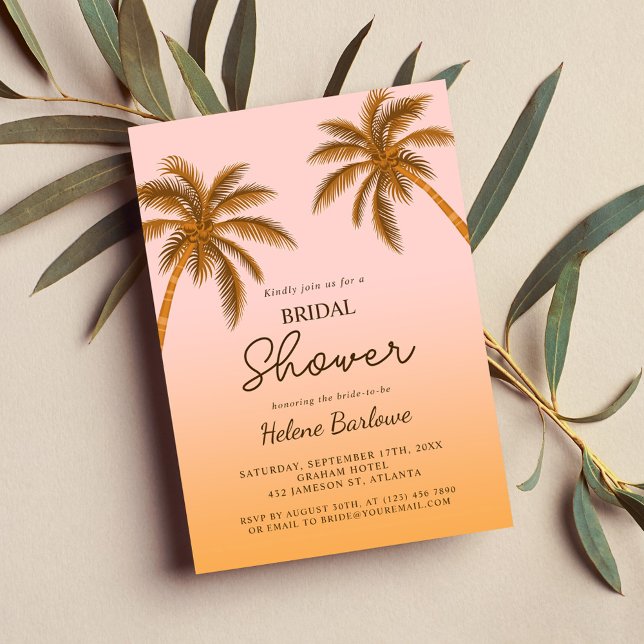 Den moderna Möhippan Handflatan i den tropiska str Inbjudningar (Tropical Beach Palm Tree Modern Bridal Shower Invitation)