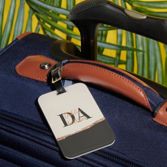 Den moderna monogrammet för svart rosa ro guld bagagebricka (Framsida Insitu 1)