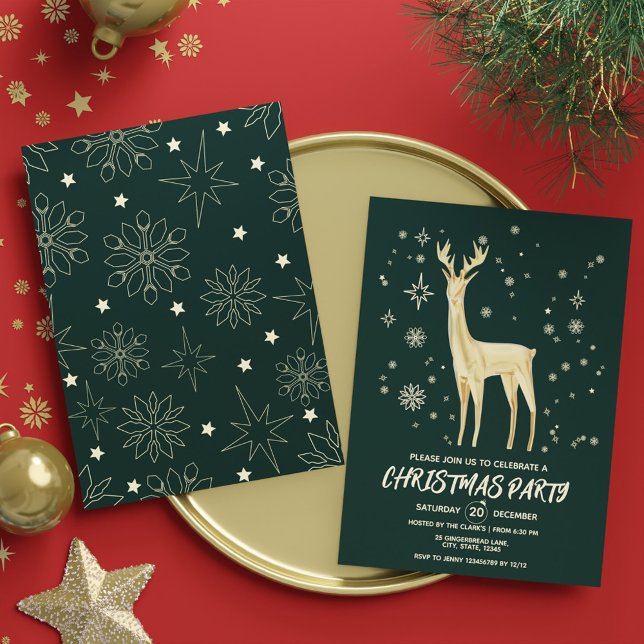 Den moderna Mörk grönt och Guld Elegant Hjort Part Inbjudningar (Modern Dark Green and Gold Elegant Deer Xmas Party Invitation)