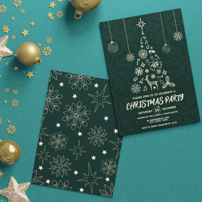 Den moderna Mörk grönt och Guld Elegant Julafton T Inbjudningar (Modern Dark Green and Gold Elegant Xmas Tree Party Invitation)