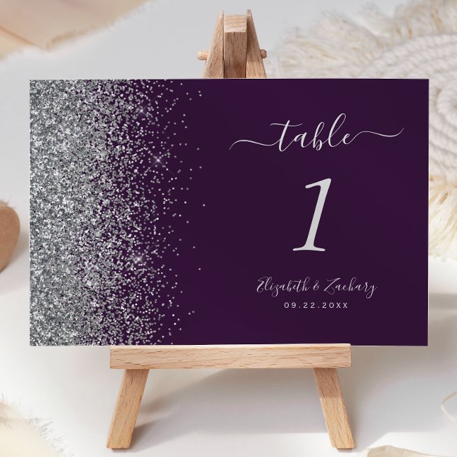 Den moderna Mörken Lila Silver Glitter Kant Bröllo Bordsnummer (Skapare uppladdad)