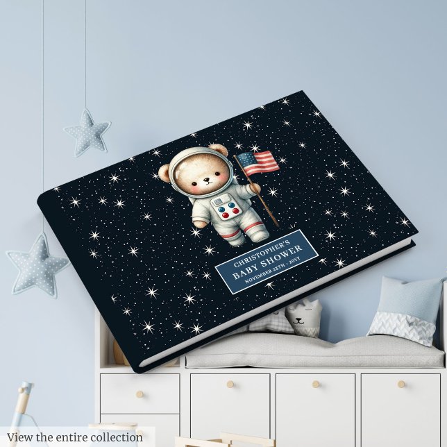 Den moderna Nallen Astronaut Boy Shower Log Gästböcker (Modern Teddy Bear Astronaut Boy Baby Shower Log Guest Book)