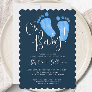 Den moderna Oh Pojke Navy Blue Baby Shower Inbjudningar