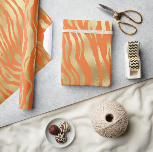 Den moderna Orangen Guld Shimmer Tiger Rand födels Presentpapper