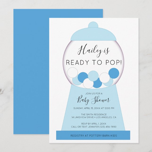 Den moderna pojken Blue Gumball Maskin Baby Shower Inbjudningar (Fram/baksida)