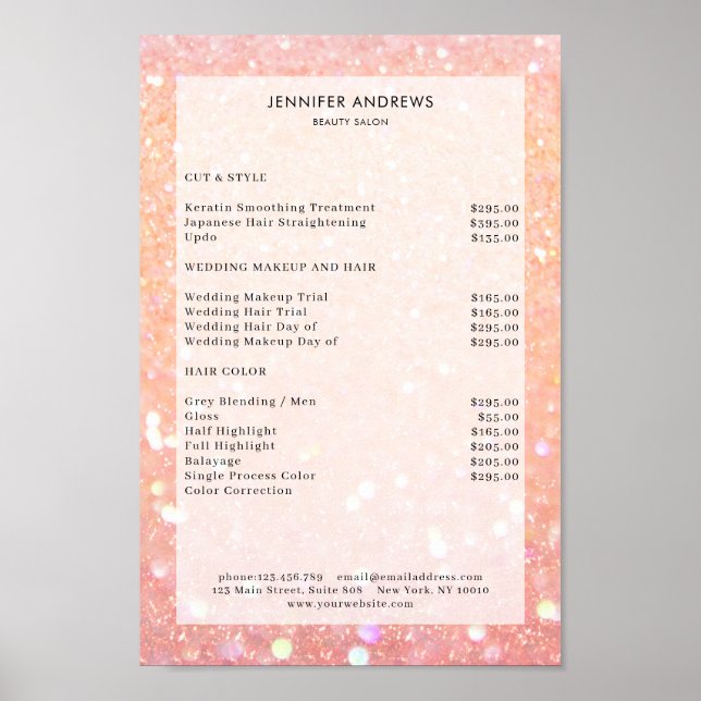 Den moderna Prisa listan Peach Glitter Salon Poster (Framsidan)