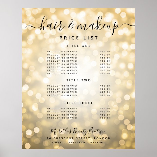 Den moderna Prisa meny Guld Glitter Ljus Salon Poster (Framsidan)