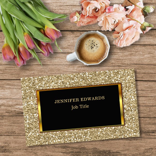 Den moderna professionellen Guld guldden Glitter s Visitkort (Modern Gold Glitter, black gold frame, stylish professional Business Card.)