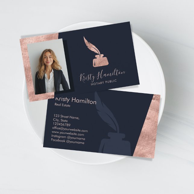 Den moderna Professionellen Navy Ro Guld Notary Pu Visitkort (rose gold notary logo)