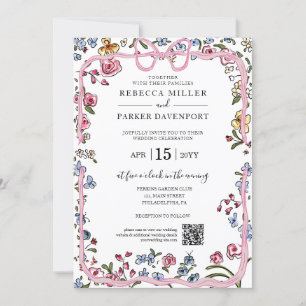 Den moderna QR-koden för Bröllop i vår i blommigt Inbjudningar