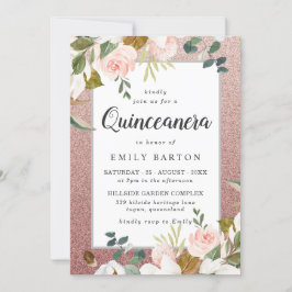 Den moderna quinceanera-Blommigten ro Guld  Glitte Inbjudningar