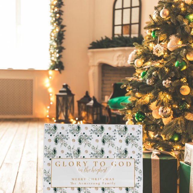 Den moderna Religiösan Guld minimalistisk jul (Religious Christmas gift bag with Glory to God Bible verse and winter greenery)