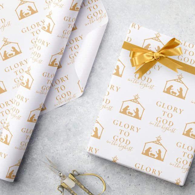 Den moderna Religiösan Guld minimalistisk jul Presentpapper (Religious Christmas gift wrap in gold and white with nativity and Bible verse)