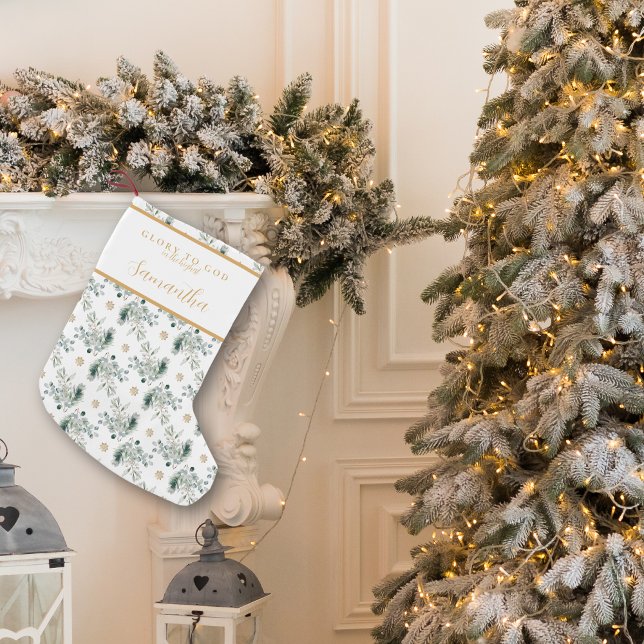 Den moderna Religiösan Guld & Winter Greenery - ju Liten Julstrumpa (Modern religious Christmas stocking with Bible verse, gold calligraphy script and winter greenery)