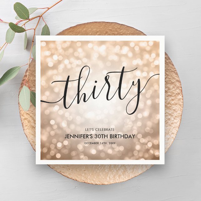Den moderna Ro Guld Glitter Ljus 30års födelsedag Pappersservett (Modern Rose Gold Glitter Lights 30th Birthday Napkins)
