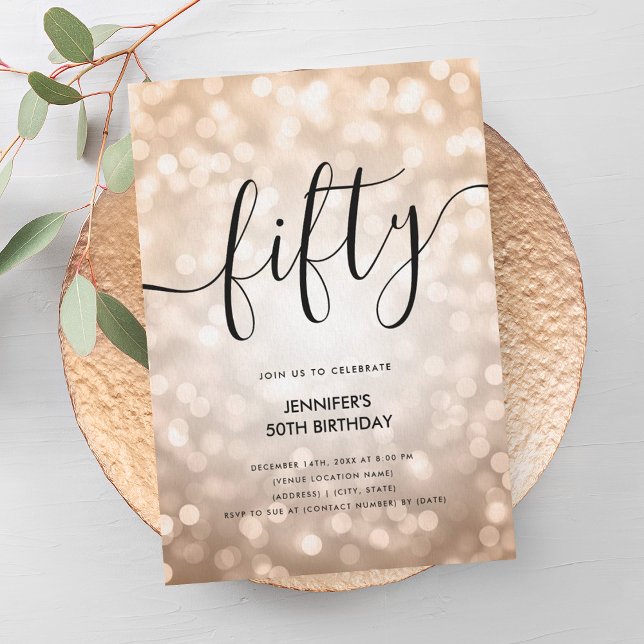 Den moderna Ro Guld Glitter Ljus 50:e födelsedagen Inbjudningar (Modern Rose Gold Glitter Lights 50th Birthday Invitation)