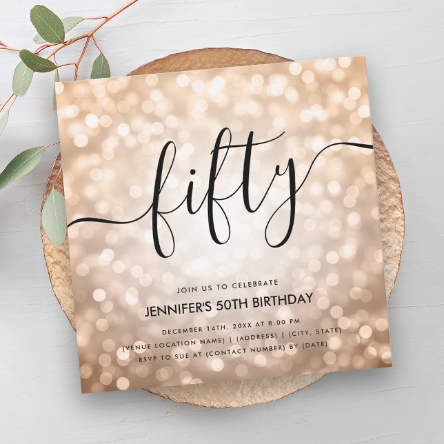 Den moderna Ro Guld Glitter Ljus 50:e födelsedagen Inbjudningar (Modern Rose Gold Glitter Lights 50th Birthday Invitation)